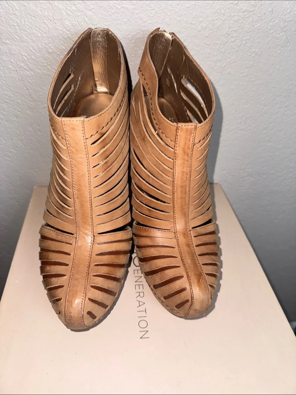 BCBGeneration Tan Cutout Stiletto Ankle Booties